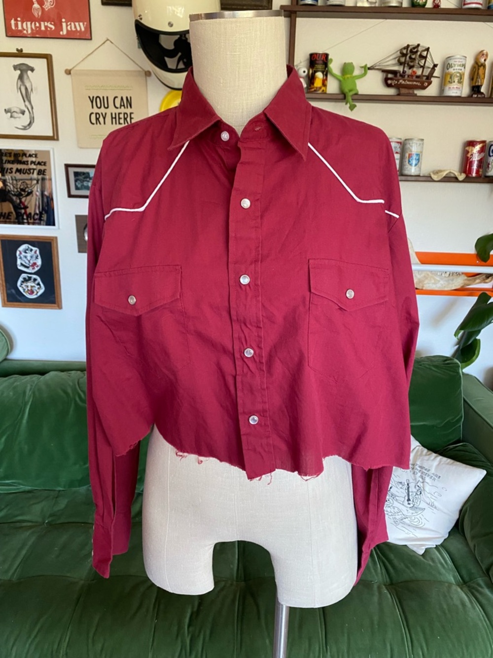 Vintage High Noon XL pearl button down self crop shirt maroon